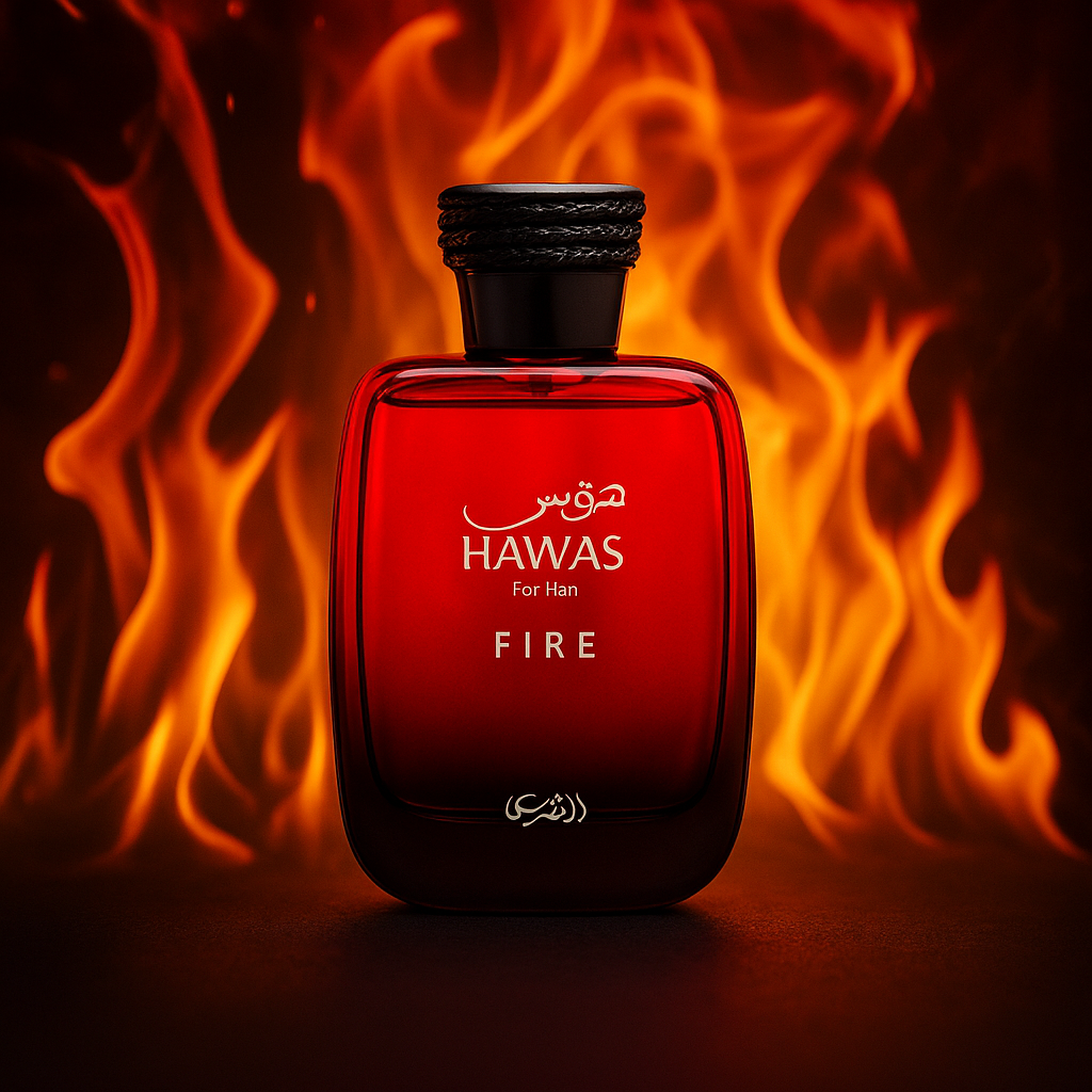 Rasasi Hawas Fire Sample fragrance bottle display – Try a decant from Scent Suave
