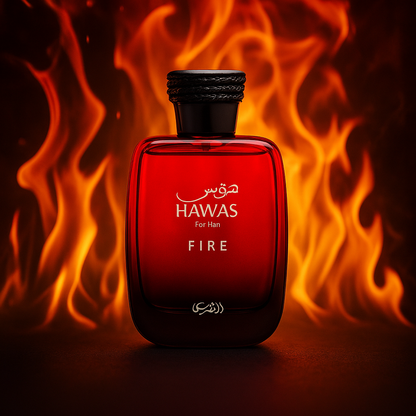 Rasasi Hawas Fire Sample fragrance bottle display – Try a decant from Scent Suave
