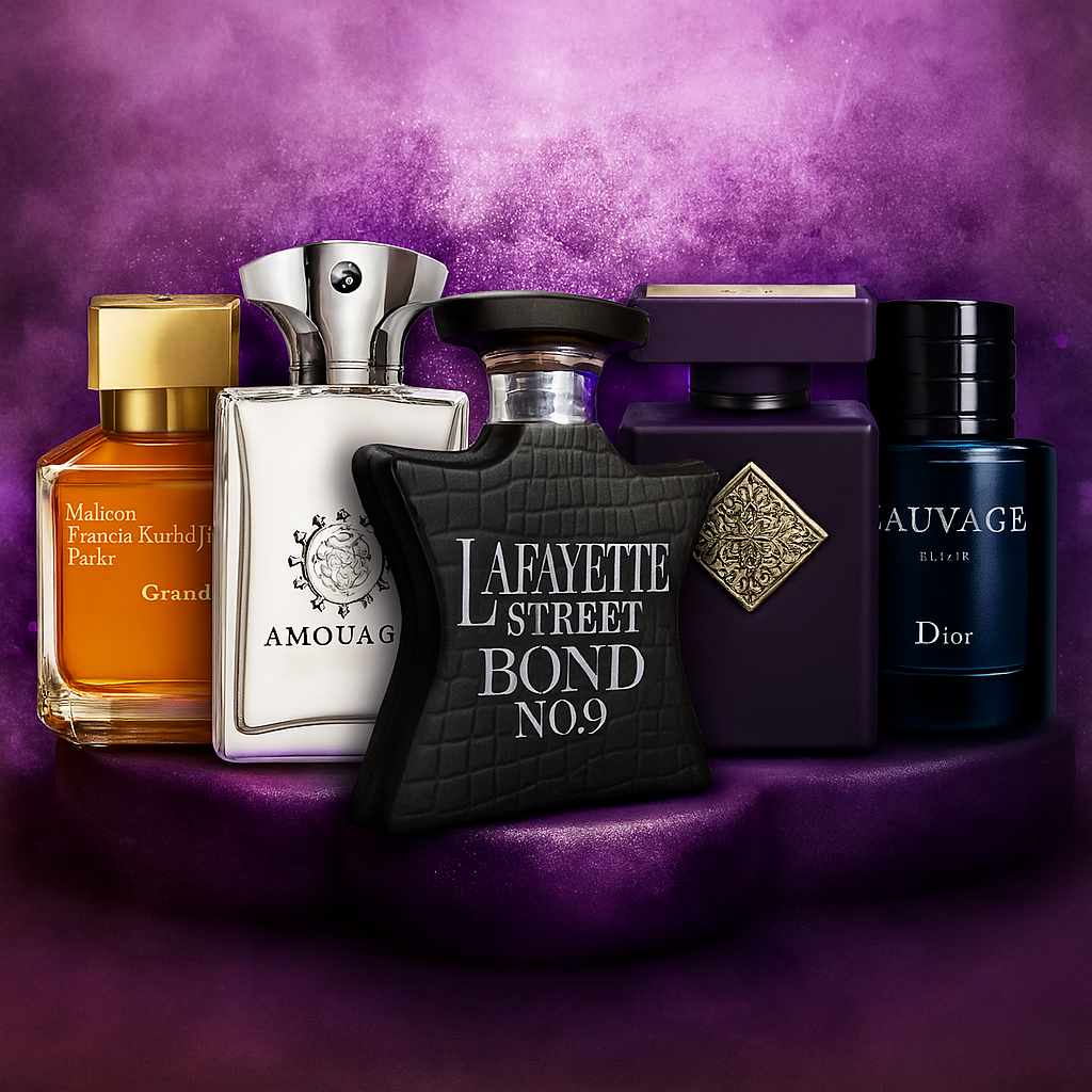 Luxury fragrance sample pack with Bond No. 9, Amouage, Initio, MFK, and Dior bottles on a vibrant purple textured background