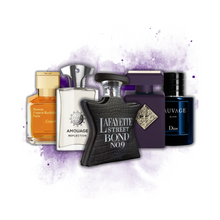 Signature Scent Discovery Pack featuring Bond No. 9 Lafayette Street, Amouage Reflection Man, Initio Side Effect, MFK Grand Soir, and Dior Sauvage Elixir on a white and purple splash background