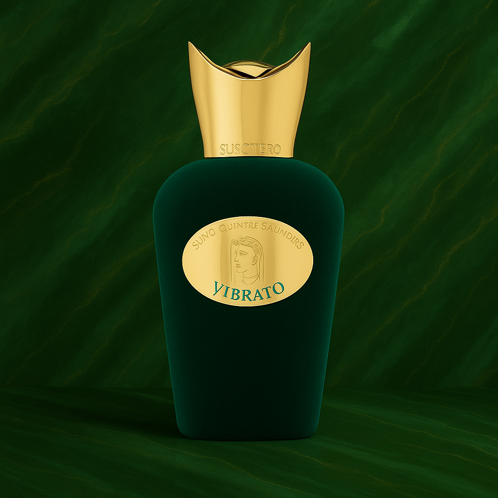 Sospiro Vibrato Eau de Parfum bottle with gold cap and deep green velvet finish against a luxurious green marbled backdrop