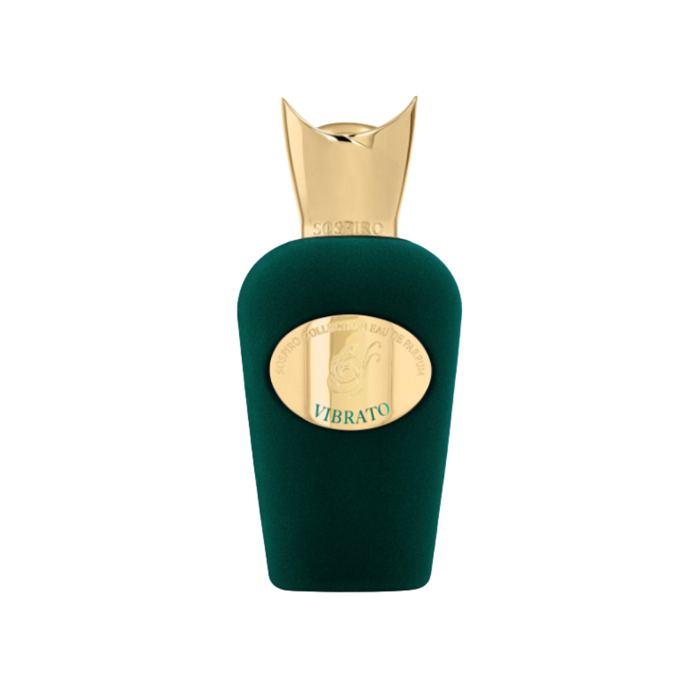 Sospiro Vibrato Eau de Parfum product image showing gold-accented bottle with green velvet texture on white background