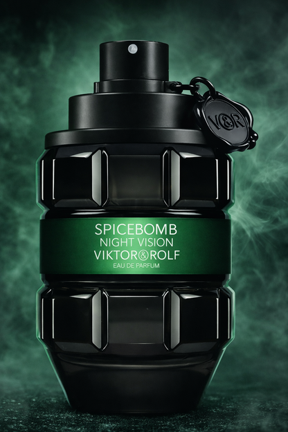 Viktor & Rolf Spicebomb Night Vision Eau de Parfum with dark green smoky background