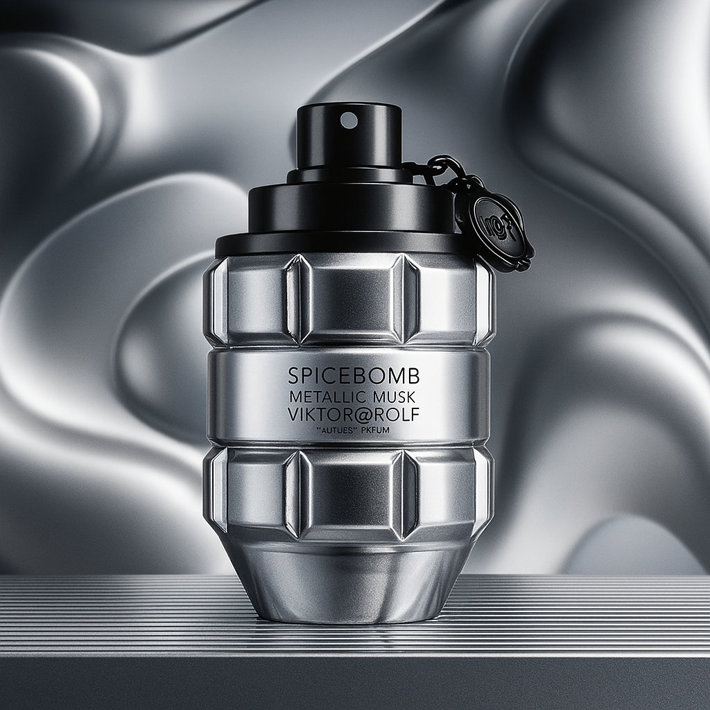 Spicebomb Metallic Musk by Viktor&Rolf Eau de Parfum bottle with silver futuristic background