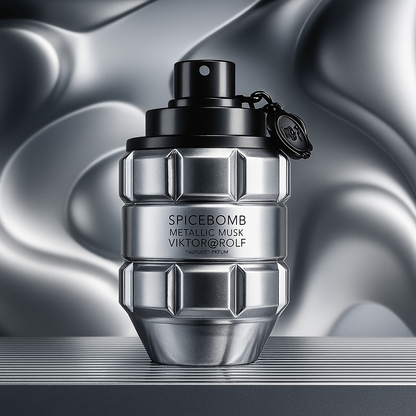 Spicebomb Metallic Musk by Viktor&Rolf Eau de Parfum bottle with silver futuristic background