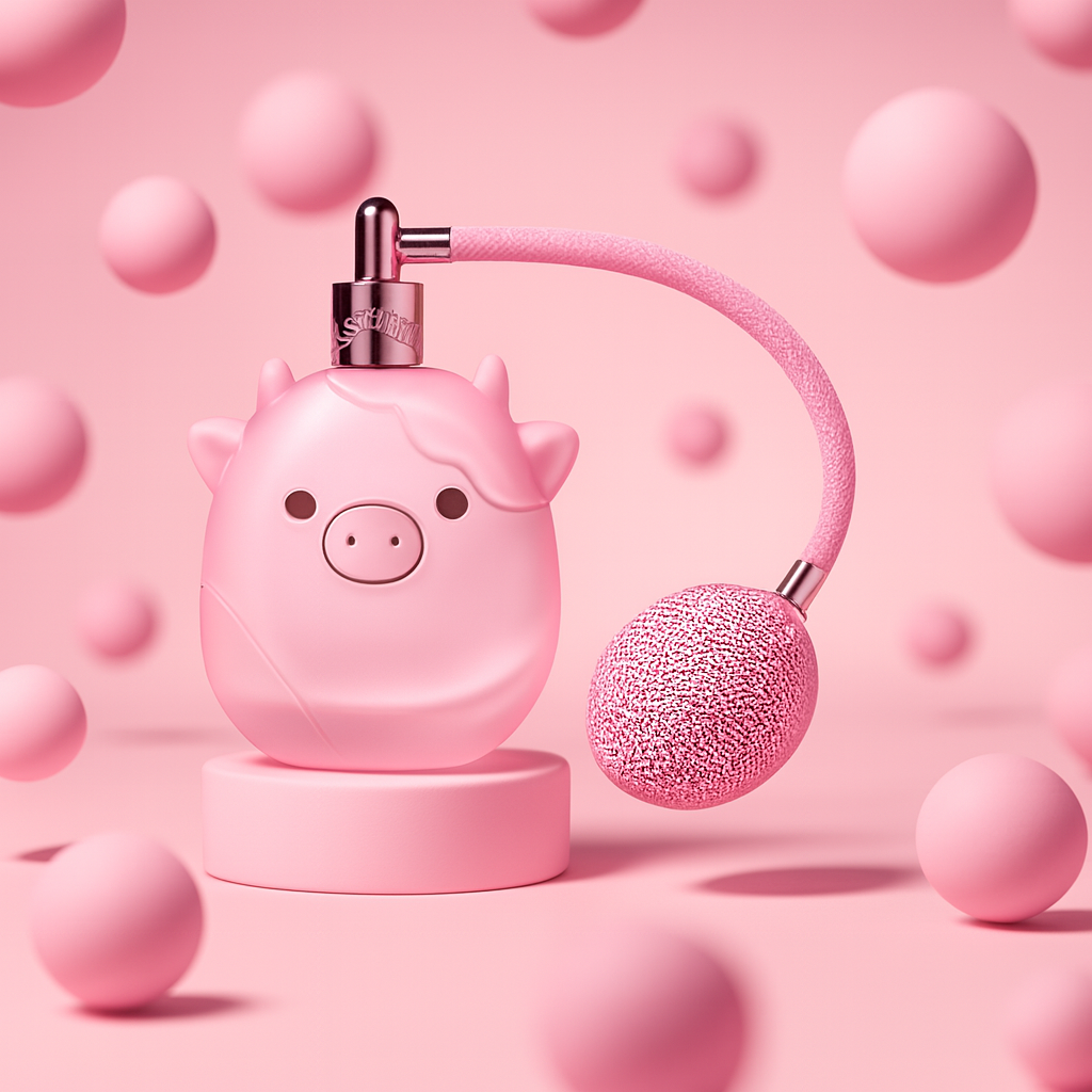 Squishmallow Pink Possibilities perfume bottle with pink pig-shaped design and playful background of floating pink spheres.