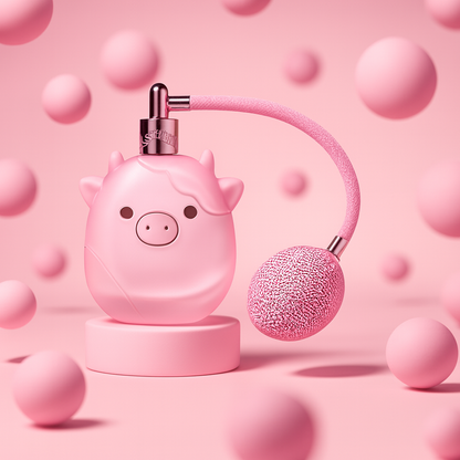 Squishmallow Pink Possibilities perfume bottle with pink pig-shaped design and playful background of floating pink spheres.