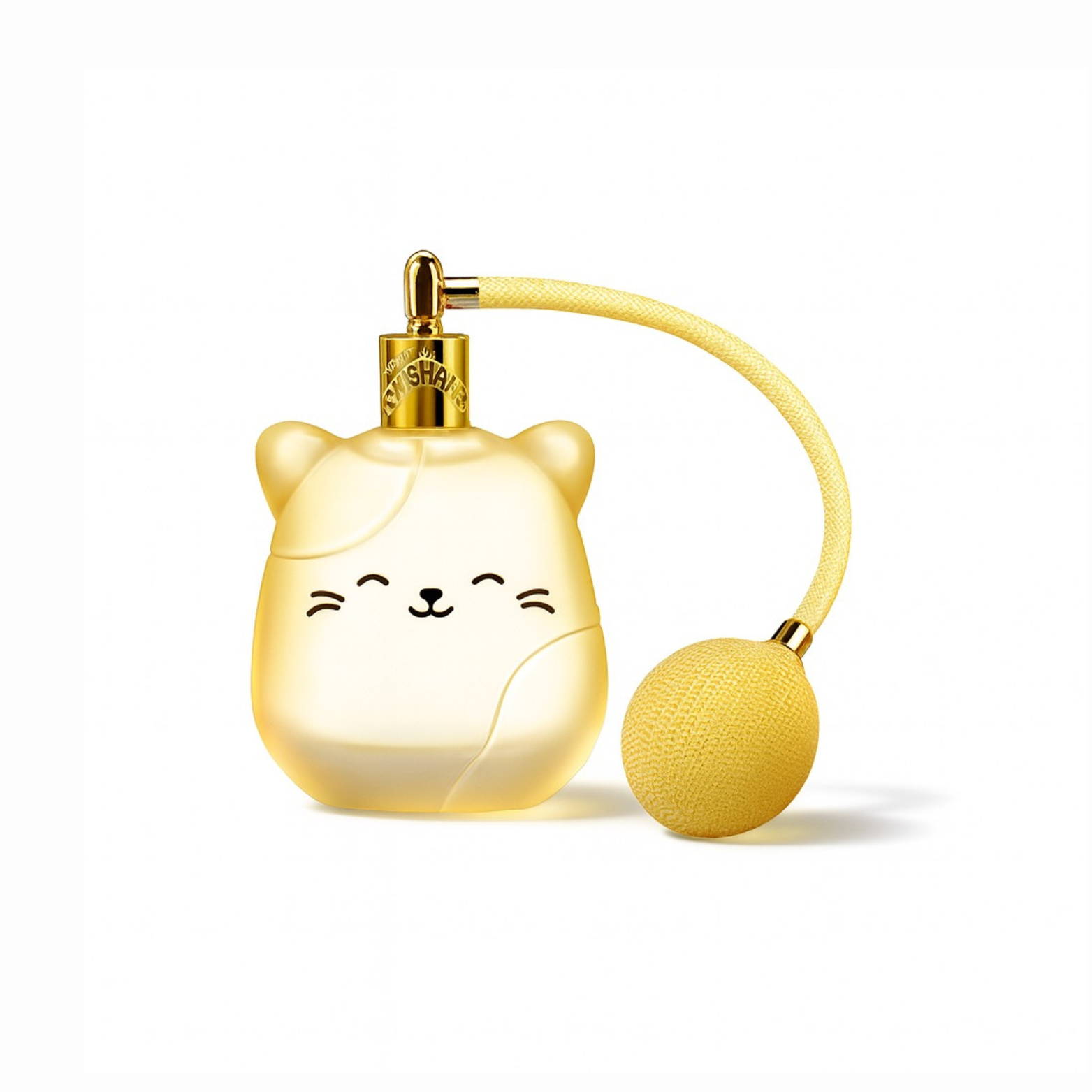 Squishmallows Whisked Away Eau de Parfum bottle shaped like a cute yellow cat with a gold atomizer and yellow bulb, on a white background