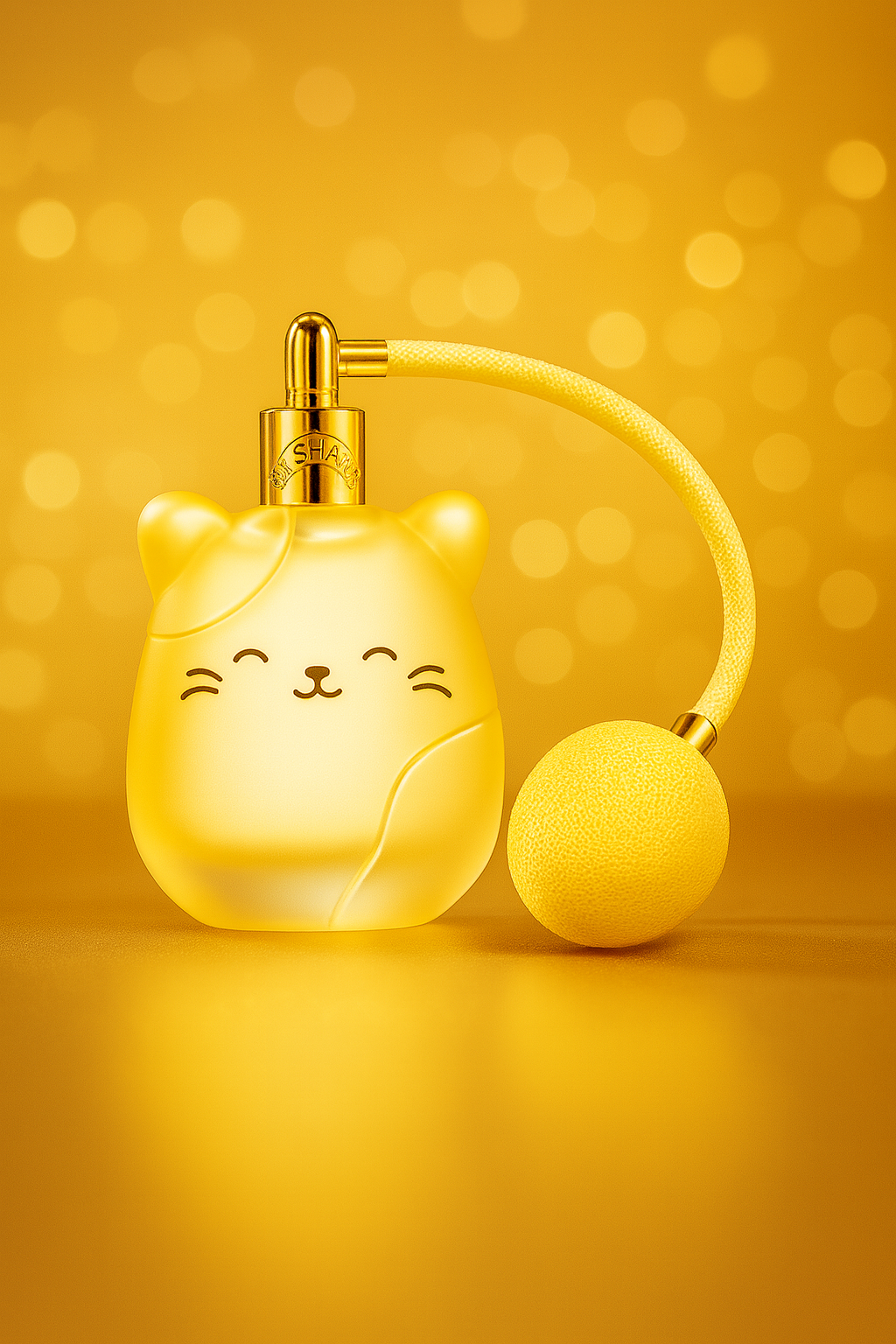 Squishmallows Whisked Away perfume bottle displayed against a glowing golden background, featuring the yellow cat design and matching gold atomizer