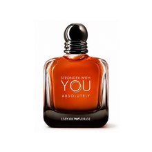 Emporio Armani Stronger With You Absolutely Parfum men's fragrance bottle with deep amber glass and black gradient base on white background