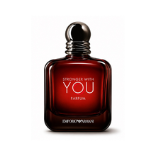 Emporio Armani Stronger With You Parfum men's fragrance bottle with deep red glass and dark gradient base on white background
