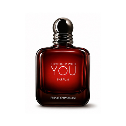 Emporio Armani Stronger With You Parfum men's fragrance bottle with deep red glass and dark gradient base on white background
