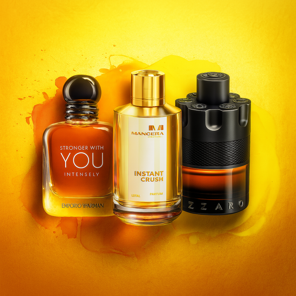 Sweet winter fragrance trio featuring Stronger With You Intensely, Mancera Instant Crush, and Azzaro The Most Wanted Parfum