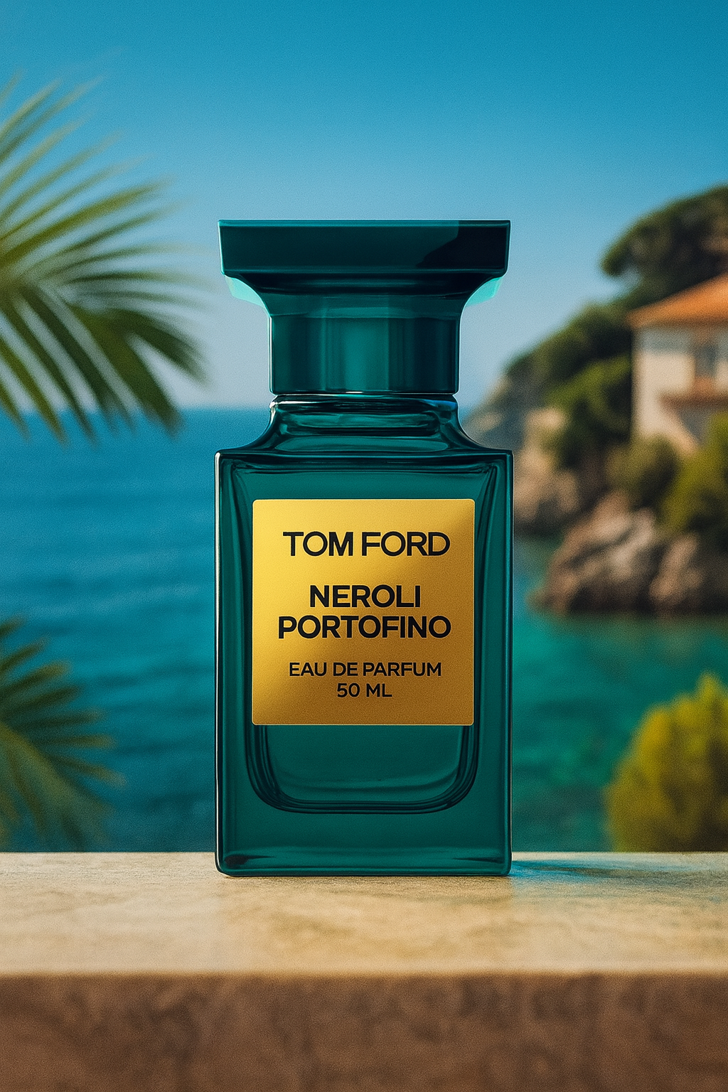 Tom Ford Neroli Portofino Eau de Parfum bottle displayed outdoors by the sea