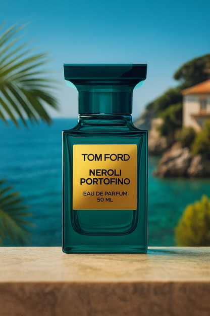 Tom Ford Neroli Portofino Eau de Parfum bottle displayed outdoors by the sea