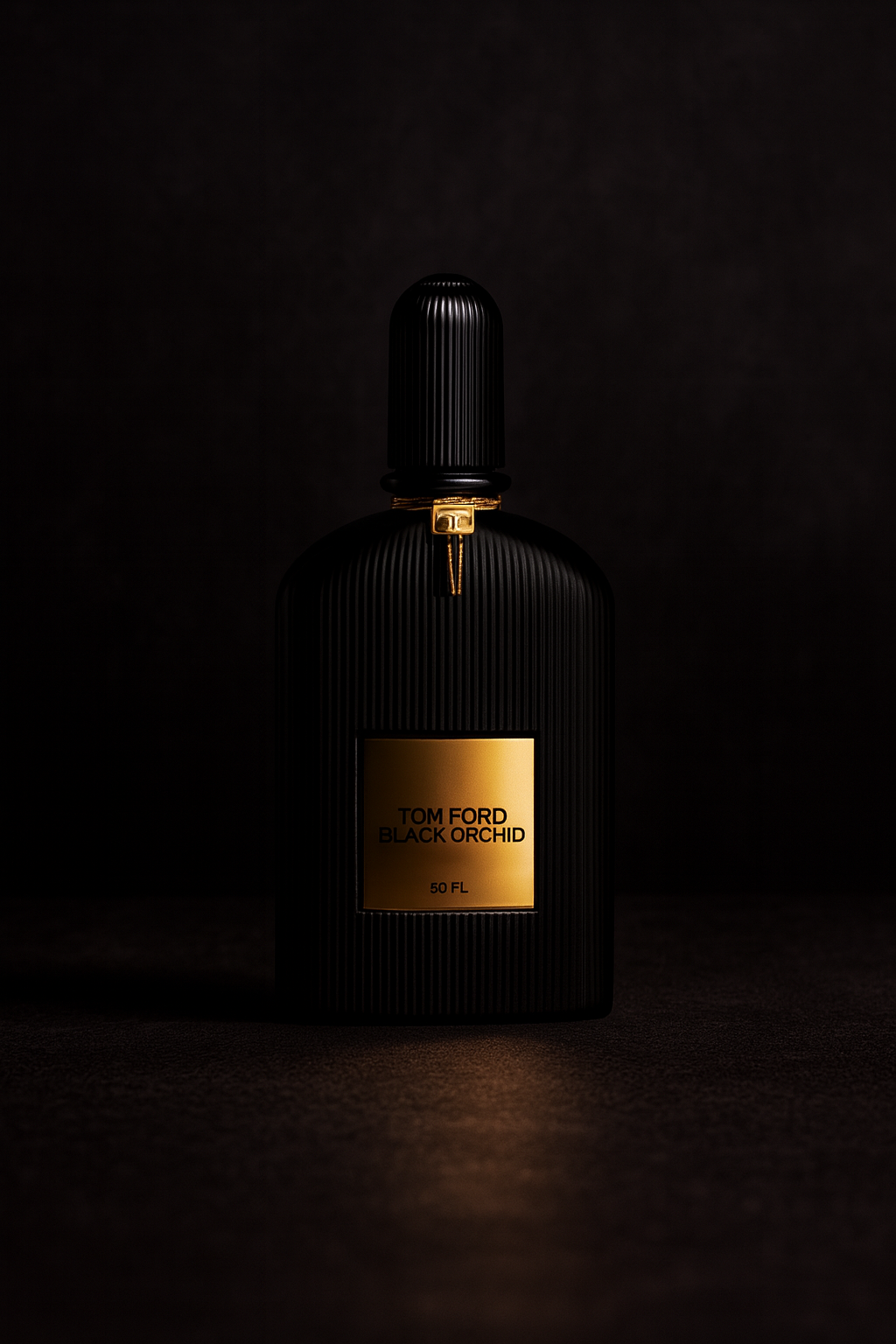 Tom Ford Black Orchid Eau de Parfum black bottle with gold label displayed against a dark moody background