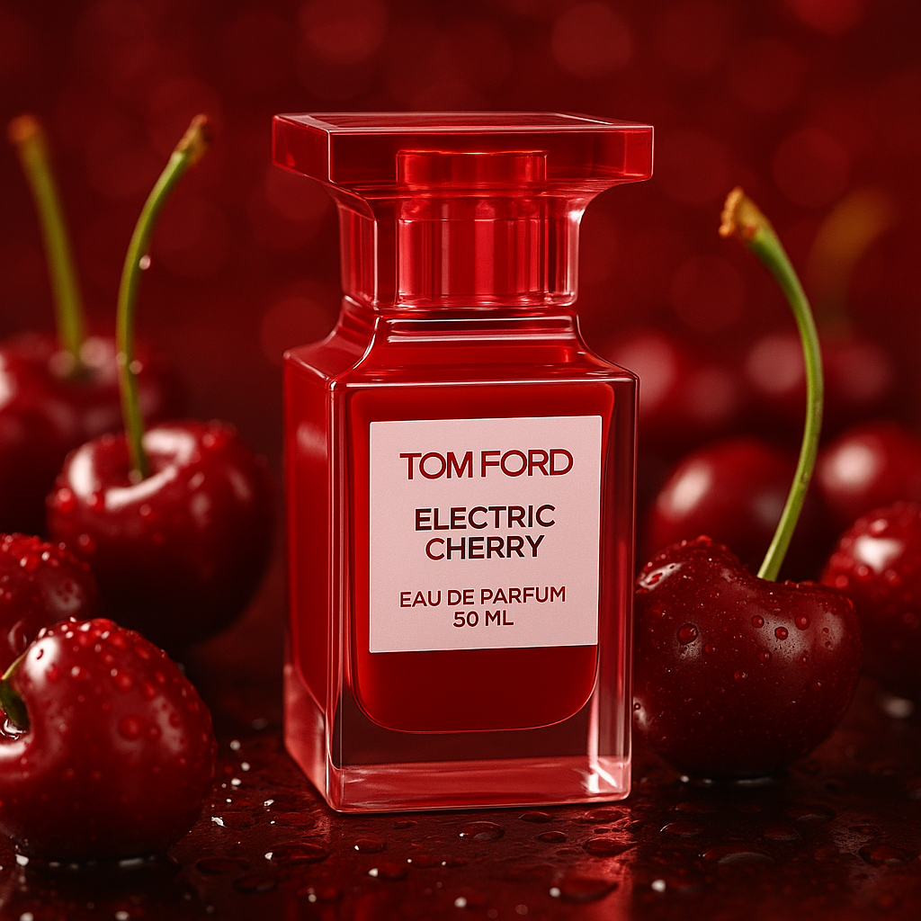 Tom Ford Electric Cherry Eau de Parfum bottle surrounded by fresh cherries on a deep red background – luxury cherry fragrance sample