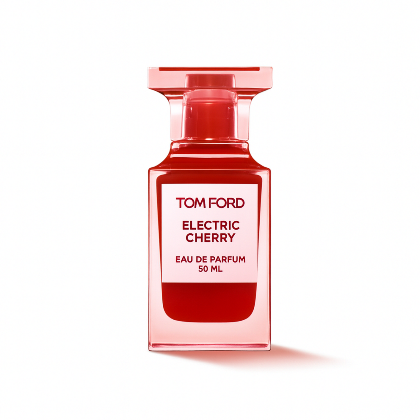 Tom Ford Electric Cherry 50ml Eau de Parfum bottle – cherry-scented luxury fragrance sample with clear red glass design