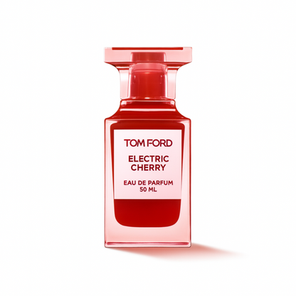 Tom Ford Electric Cherry 50ml Eau de Parfum bottle – cherry-scented luxury fragrance sample with clear red glass design