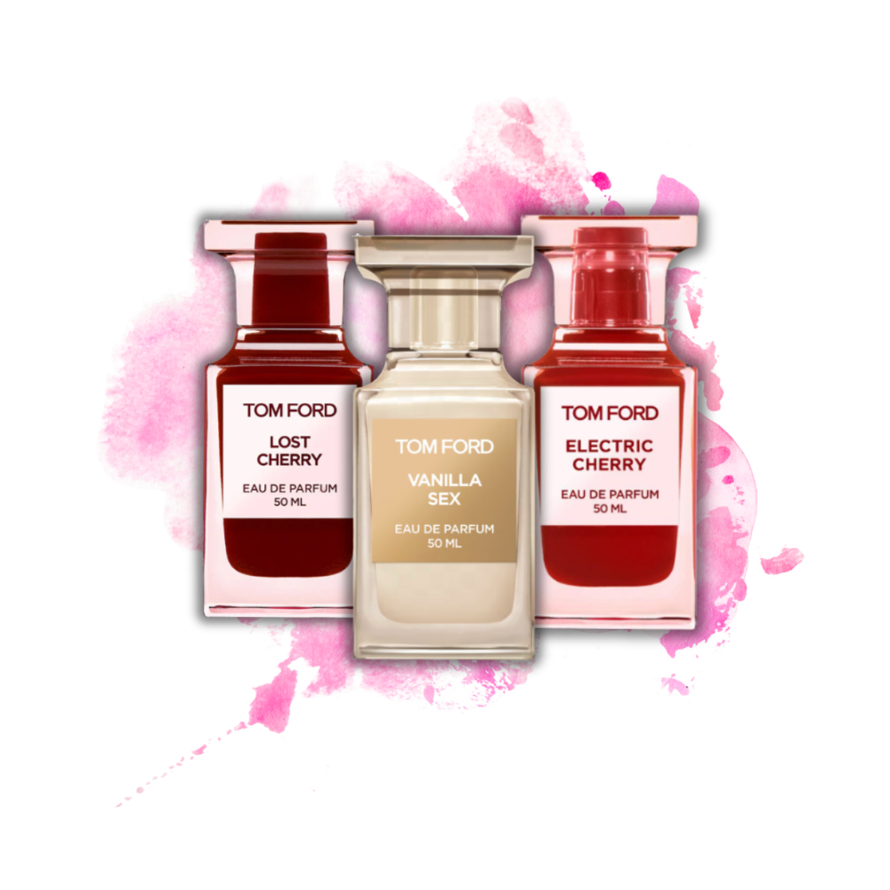 Tom Ford Lost Cherry, Vanilla Sex, and Electric Cherry bottles on a pink watercolor background
