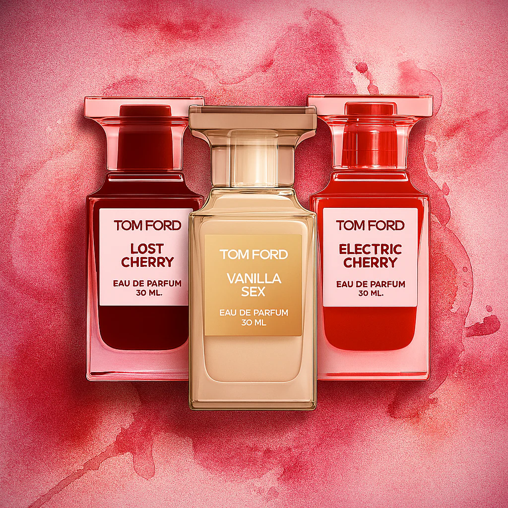 Trio of Tom Ford perfumes — Lost Cherry, Vanilla Sex, and Electric Cherry — against a red and pink watercolor backdrop