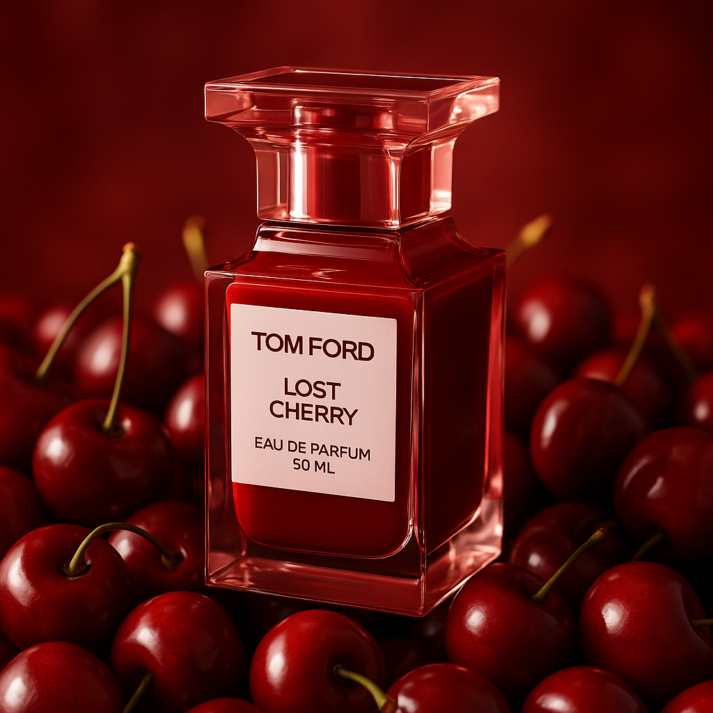 Tom Ford Lost Cherry Eau de Parfum bottle surrounded by ripe cherries – luxury gourmand fragrance sample