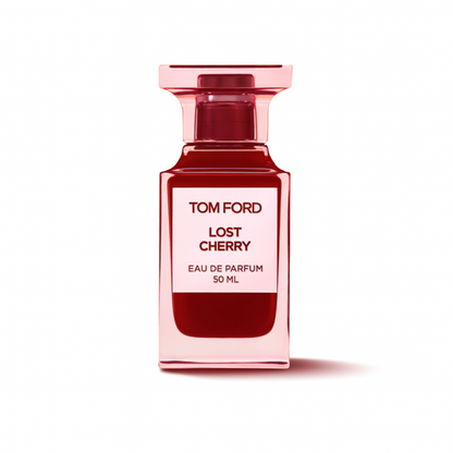 Tom Ford Electric Cherry 50ml Eau de Parfum bottle – cherry-scented luxury fragrance sample with clear red glass design