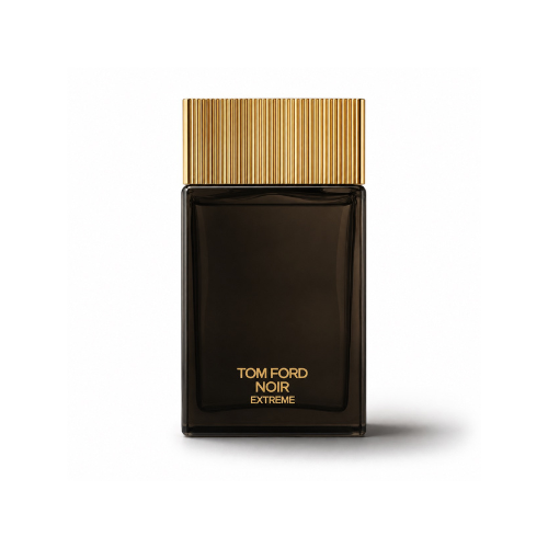 Tom Ford Noir Extreme EDP men's cologne bottle with black glass and gold cap on white background