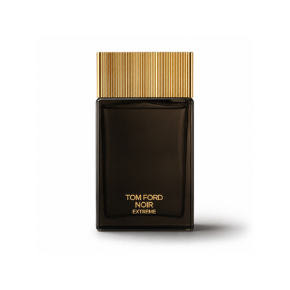 Tom Ford Noir Extreme EDP men's cologne bottle with black glass and gold cap on white background