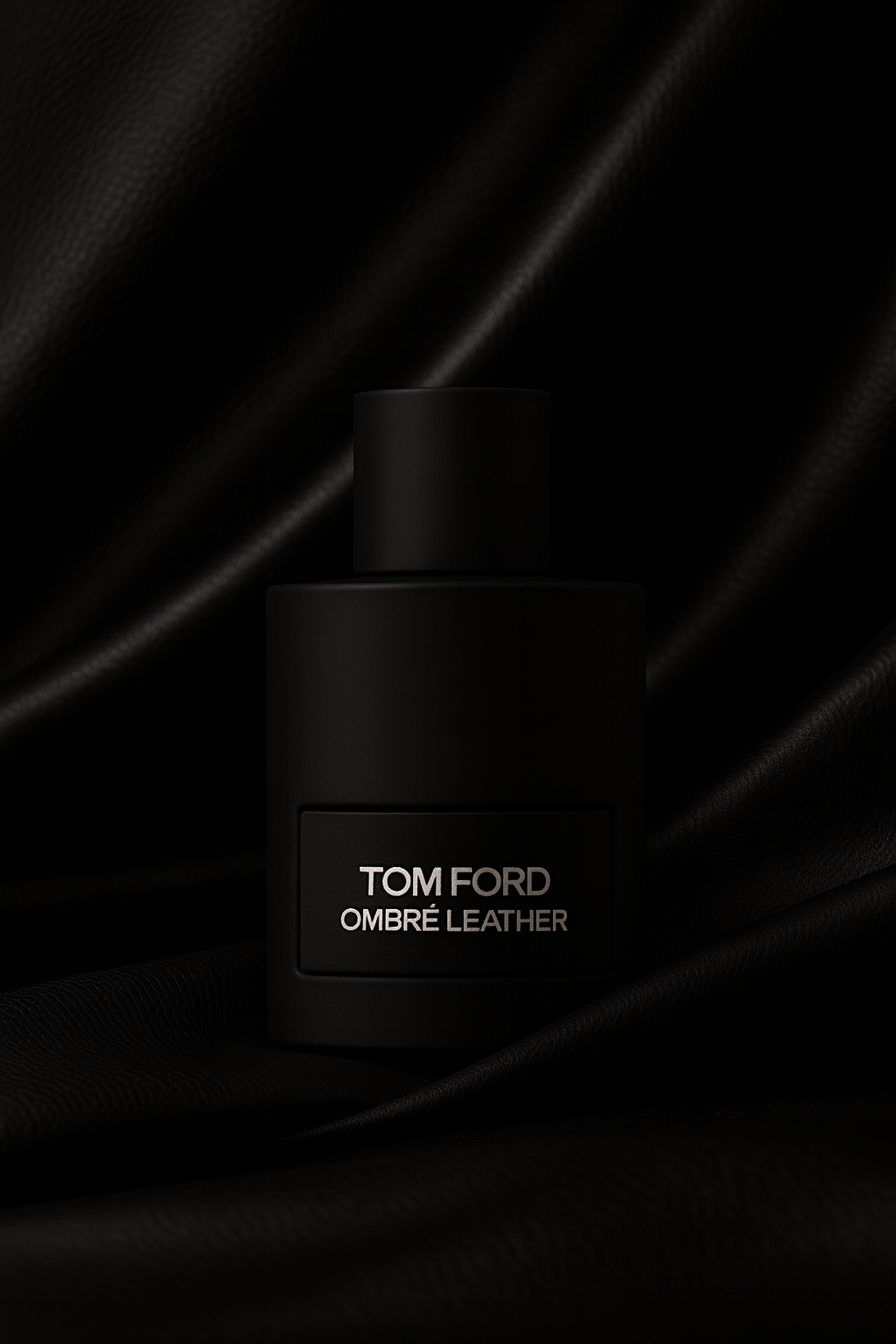 Tom Ford Ombre Leather Eau de Parfum black matte bottle displayed against textured black leather fabric background