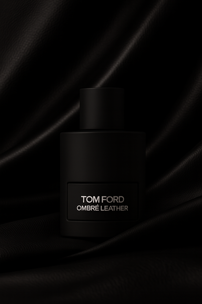 Tom Ford Ombre Leather Eau de Parfum black matte bottle displayed against textured black leather fabric background