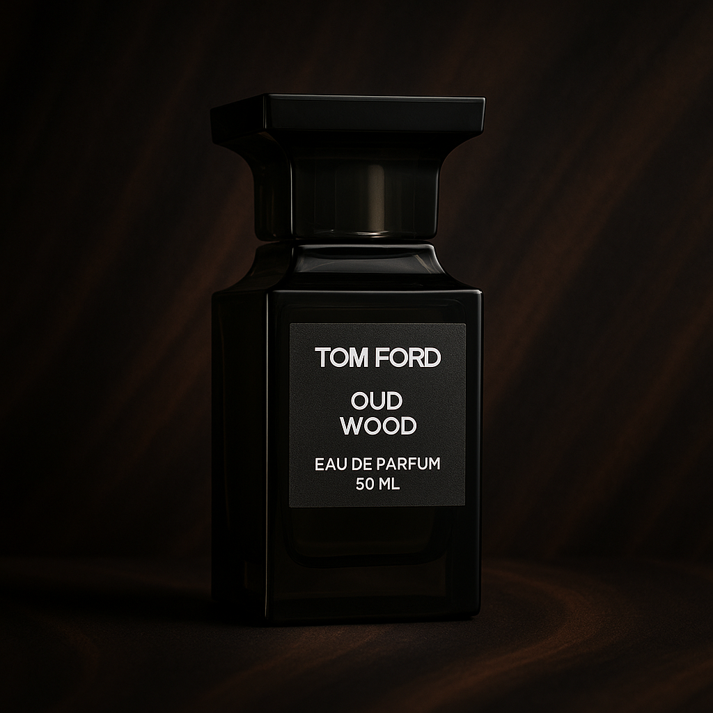 Stylized Tom Ford Oud Wood EDP bottle against a dark wood backdrop – elegant unisex niche fragrance photo