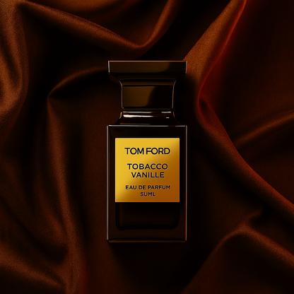 Tom Ford Tobacco Vanille Eau de Parfum bottle on luxurious dark brown satin background
