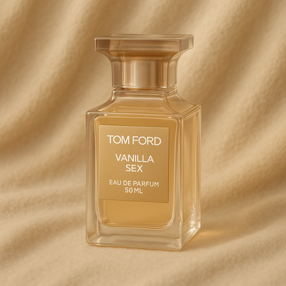 Tom Ford Vanilla Sex perfume bottle on beige fabric – warm luxury vanilla fragrance sample by Tom Ford