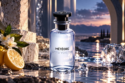 Louis Vuitton Météore Eau de Parfum men's fragrance bottle in a luxurious coastal sunset setting with fresh citrus, white blossoms, sparkling crystals and elegant stone architecture