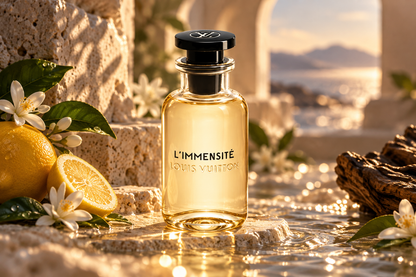 Louis Vuitton L’Immensité Eau de Parfum men's fragrance bottle in a luxurious coastal sunset setting with golden amber glass, fresh citrus, white blossoms, driftwood and elegant stone architecture