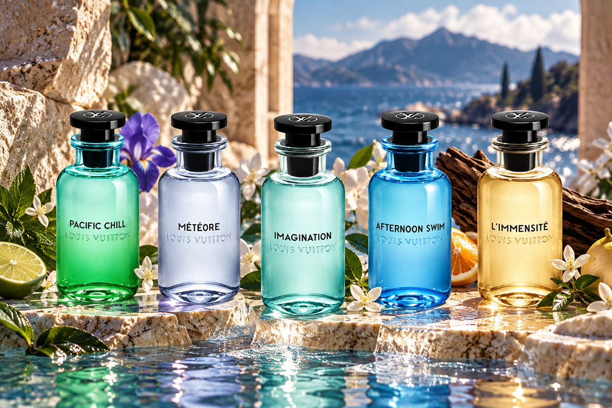 Louis Vuitton Discovery Pack featuring Pacific Chill, Météore, Imagination, Afternoon Swim and L’Immensité fragrance bottles in a luxurious Mediterranean coastal setting with citrus, flowers, stone architecture and turquoise water