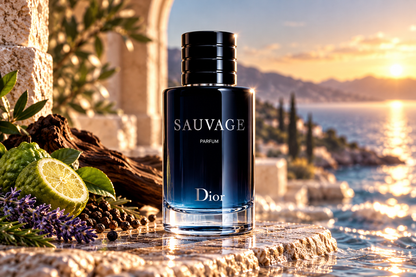 Dior Sauvage Parfum men's fragrance bottle in a luxurious Mediterranean coastal sunset setting with fresh bergamot, lavender, peppercorns, driftwood and elegant stone architecture