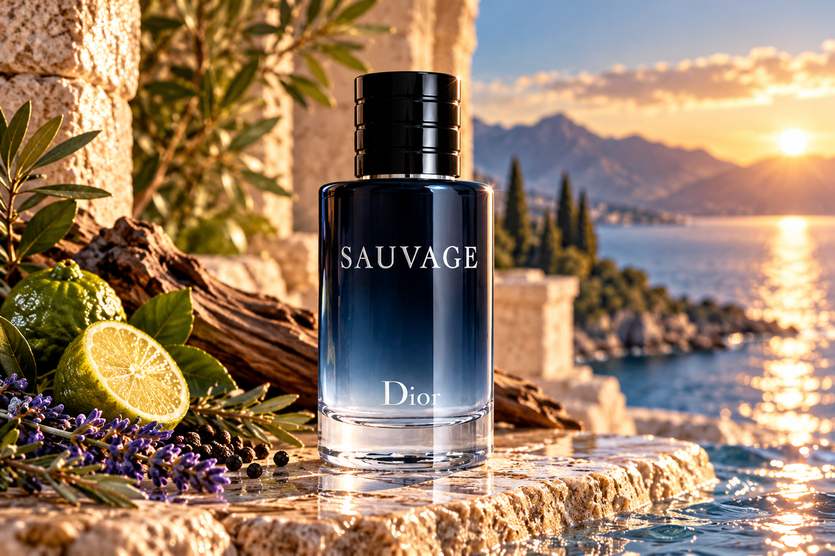Dior Sauvage Eau de Toilette men's fragrance bottle in a luxurious Mediterranean coastal sunset setting with fresh bergamot, lavender, black peppercorns, driftwood and elegant stone architecture