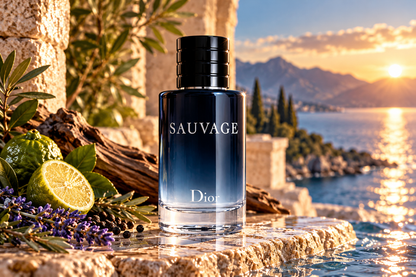 Dior Sauvage Eau de Toilette men's fragrance bottle in a luxurious Mediterranean coastal sunset setting with fresh bergamot, lavender, black peppercorns, driftwood and elegant stone architecture