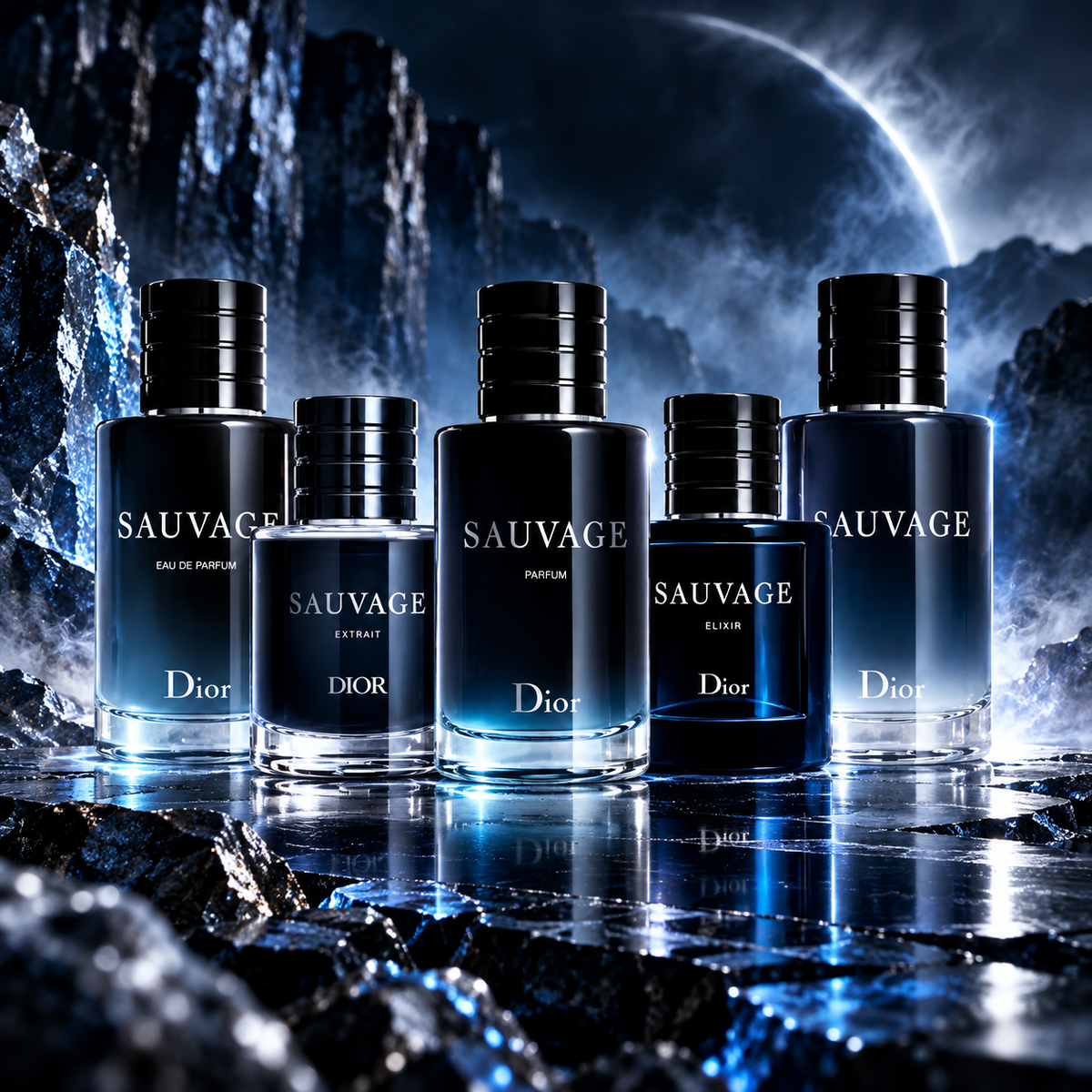 Dior Sauvage Collection Discovery Set featuring Extrait, Elixir, Eau de Parfum, Eau de Toilette and Parfum men's fragrance bottles in a dramatic dark blue rocky landscape with glowing eclipse, mist and icy reflections
