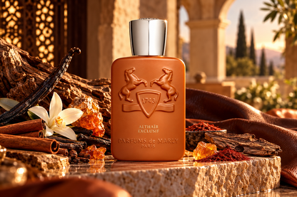 Parfums de Marly Althaïr Exclusif Eau de Parfum orange fragrance bottle with silver cap surrounded by vanilla pods, cinnamon sticks, saffron, amber resin and warm golden architecture