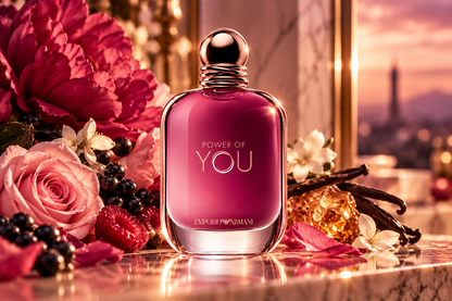 Emporio Armani Power of You Eau de Parfum women's perfume bottle in a luxurious sunset setting with pink roses, vibrant flowers, dark berries, vanilla pods and glowing amber resin