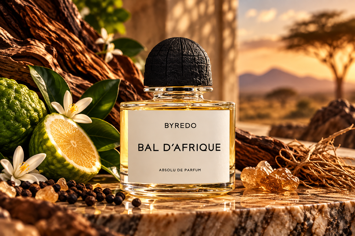 Byredo Bal d'Afrique Absolu de Parfum luxury fragrance bottle surrounded by bergamot citrus, white flowers, warm amber resin and natural woods in a golden African sunset setting