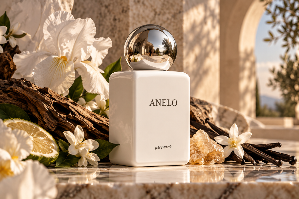 Pernoire Anelo Extrait de Parfum unisex fragrance bottle with white ceramic finish and silver spherical cap, surrounded by citrus, white flowers, amber resin and natural woods in a luxurious sunlit setting