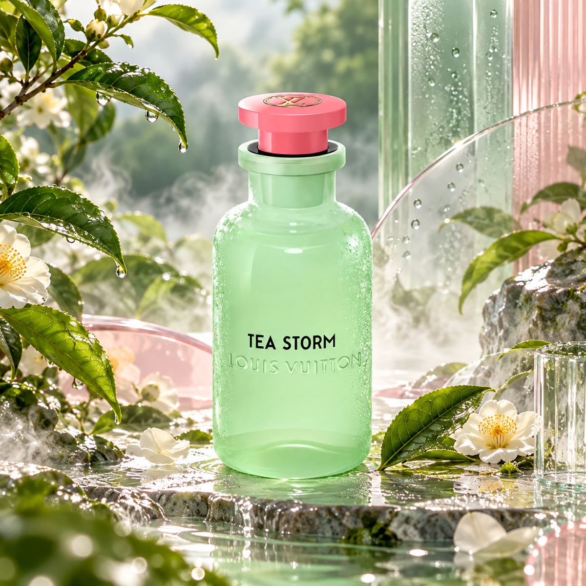 Louis Vuitton Tea Storm Eau de Parfum unisex fragrance bottle in a lush tea garden setting with green leaves, white tea blossoms, flowing water and soft mist