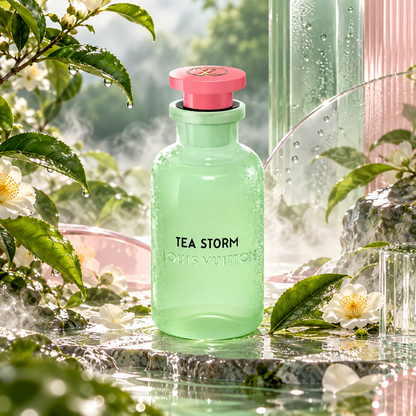 Louis Vuitton Tea Storm Eau de Parfum unisex fragrance bottle in a lush tea garden setting with green leaves, white tea blossoms, flowing water and soft mist