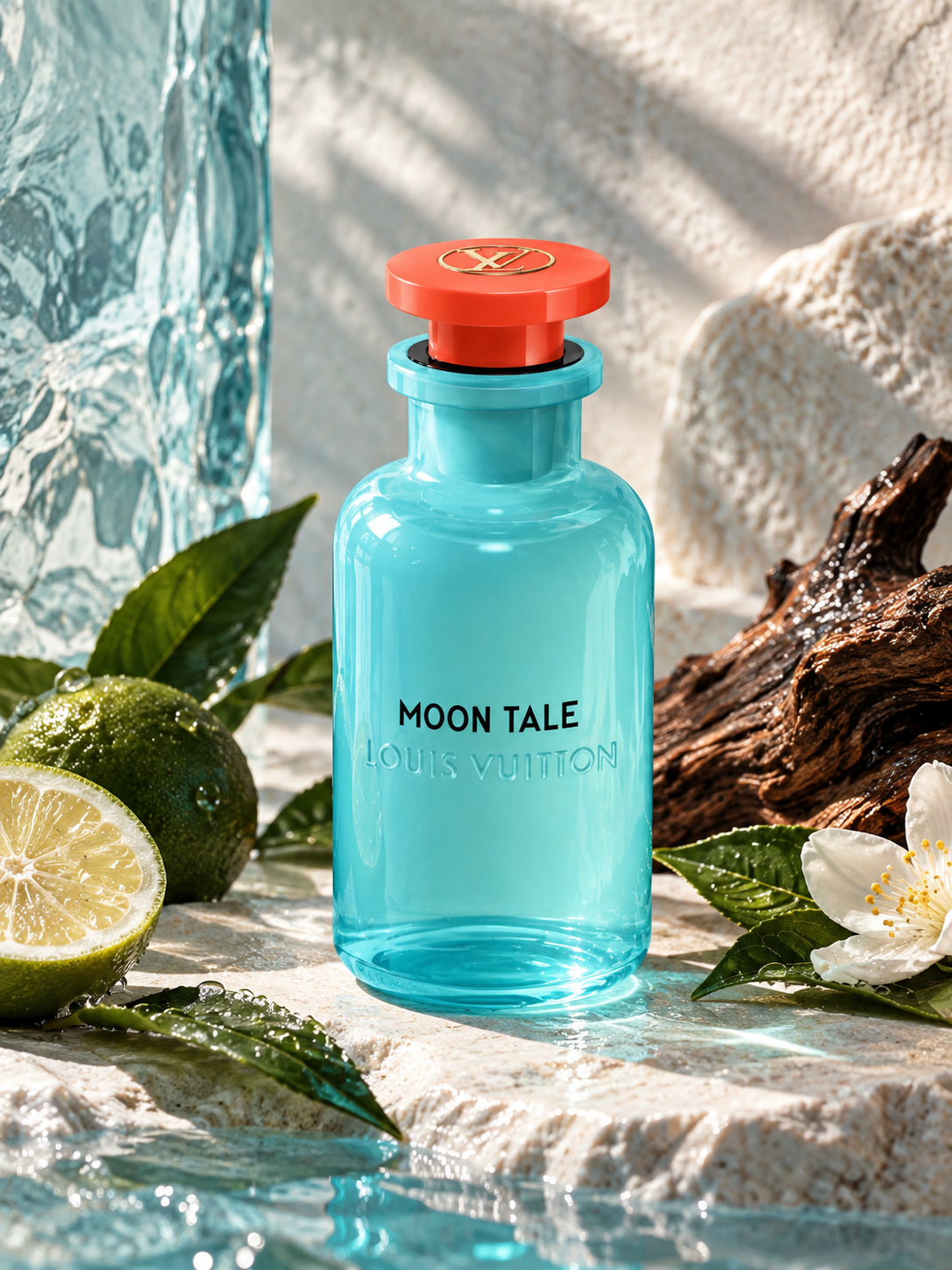 Louis Vuitton Moon Tale Eau de Parfum unisex fragrance bottle in a luxurious sunlit setting with turquoise glass, orange-red cap, fresh citrus, white flowers and flowing water