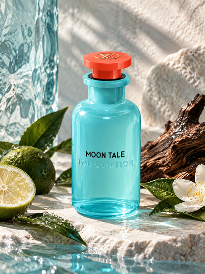 Louis Vuitton Moon Tale Eau de Parfum unisex fragrance bottle in a luxurious sunlit setting with turquoise glass, orange-red cap, fresh citrus, white flowers and flowing water