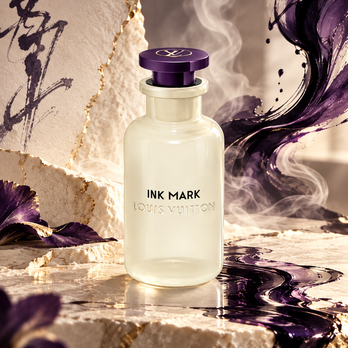 Louis Vuitton Ink Mark Eau de Parfum unisex fragrance bottle in a luxurious artistic setting with ivory marble, flowing purple ink, delicate smoke and gold accents